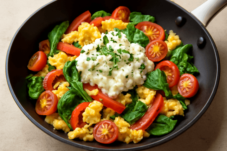 Mic dejun energizant cu ouă și legume la tigaie