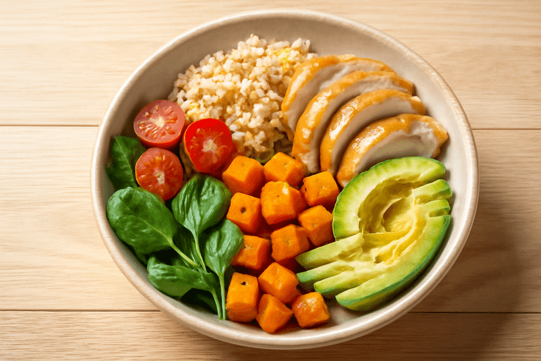 Proteinrik kyckling- och quinoabowl med avokado och rostad sötpotatis