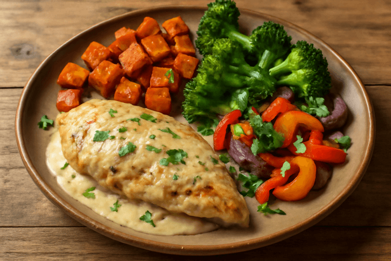 Krämig kyckling med sötpotatis och grönsakspann