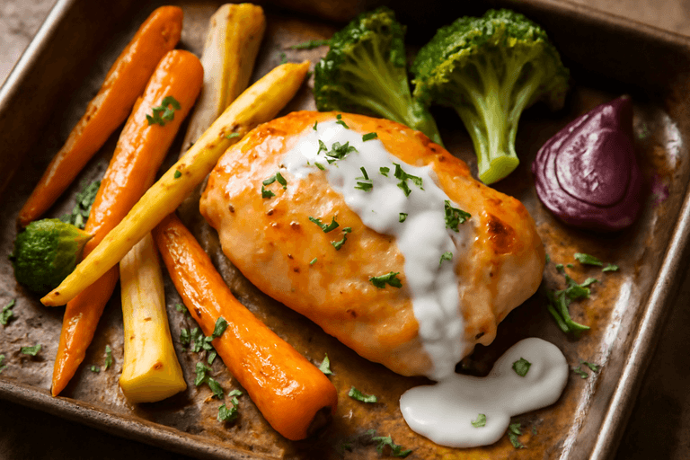 Saftig ovnsbakt kylling med grønnsaker og urter