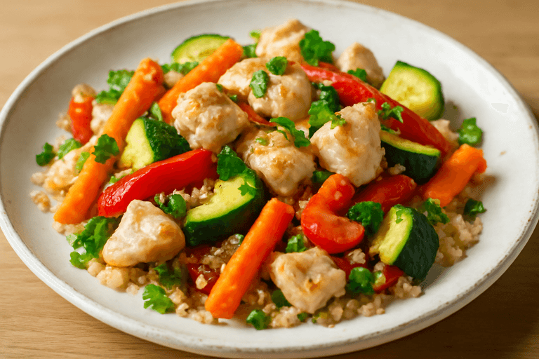Poulet sauté aux légumes croquants et quinoa