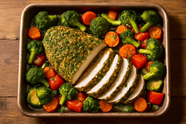 Lean Herb-Crusted Chicken with Roasted Vegetables