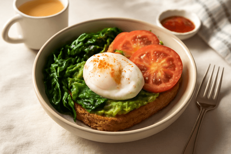 Tazón de desayuno clásico con huevo pochado y aguacate