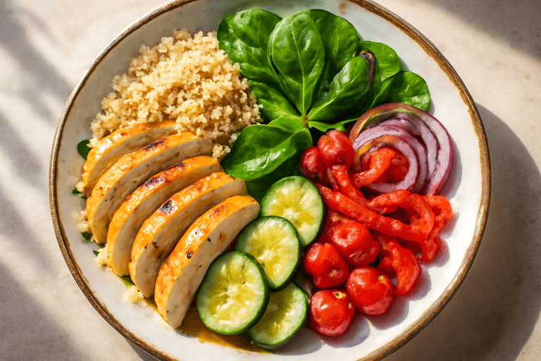 Klassisk Kycklingsallad med Quinoa och Rostade Grönsaker