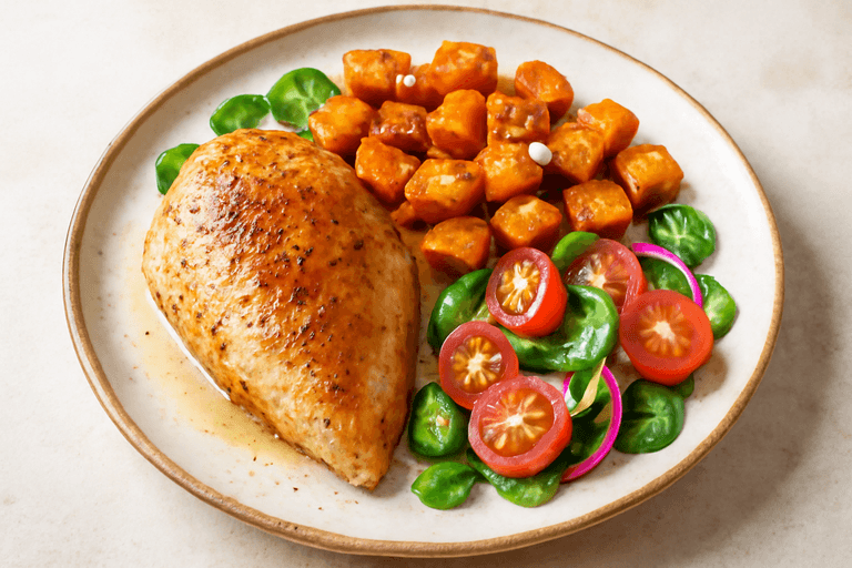 Kycklingfilé med rostad sötpotatis och fräsch tomatsallad