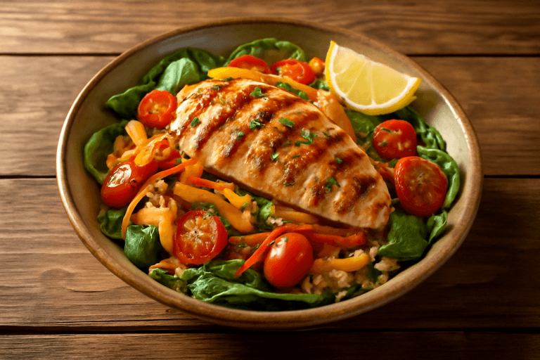 Ensalada tibia de pollo a la plancha con quinoa y vegetales