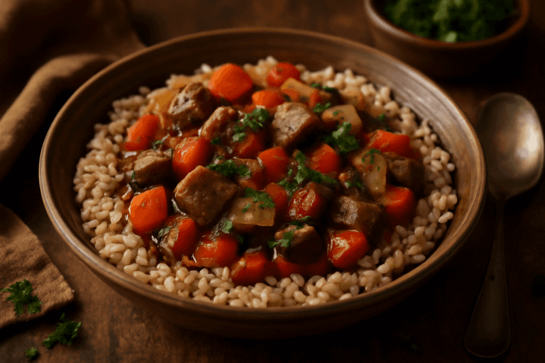 Herzhafter Rindfleisch-Gemüse-Eintopf mit Vollkornreis