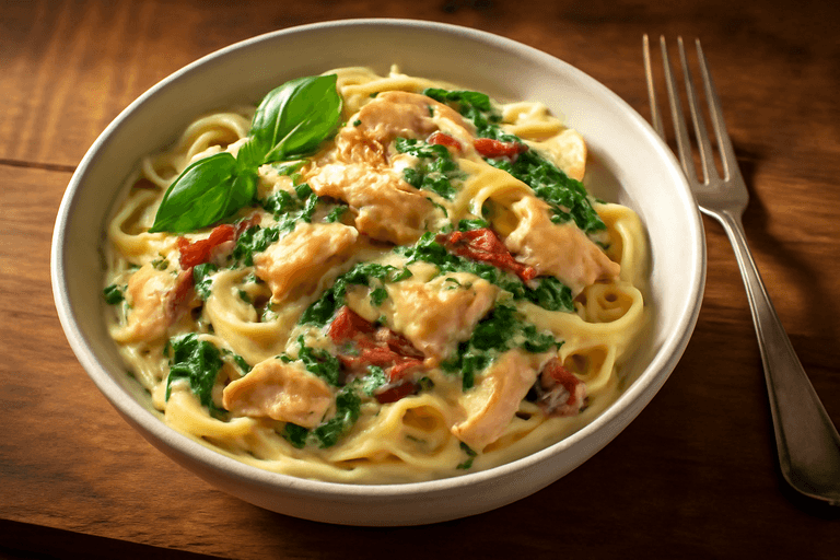 Krämig Kycklingpasta med Spenat och Soltorkade Tomater