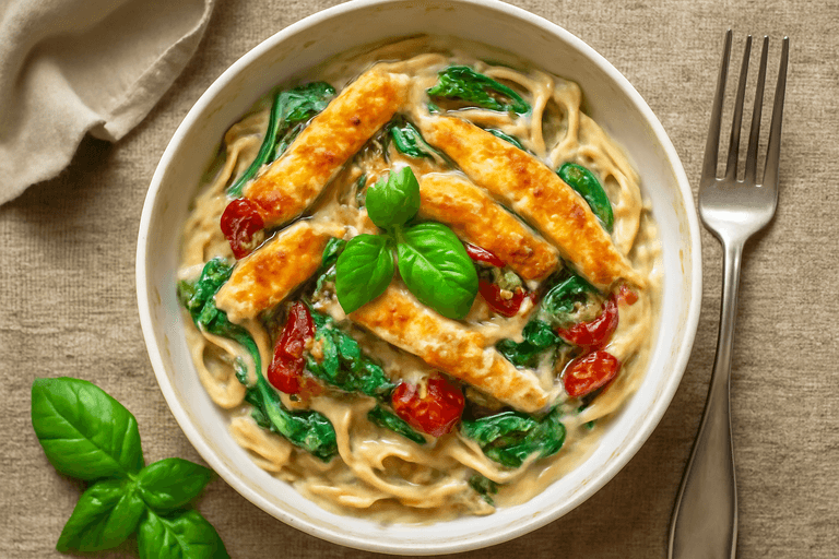 Klassisk Krämig Kycklingpasta med Spenat och Soltorkade Tomater