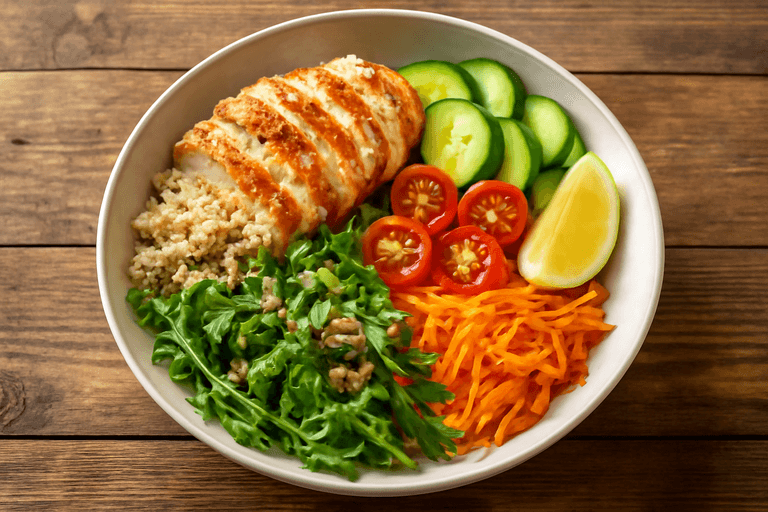 Salade de poulet grillé, quinoa et légumes croquants