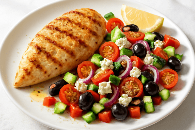 Pollo a la plancha con ensalada mediterránea