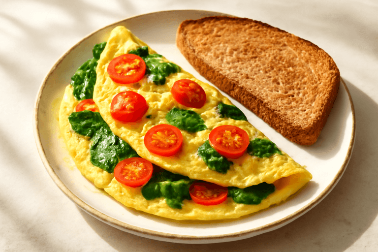 Omelette de Espinacas y Tomate con Pan Integral Tostado
