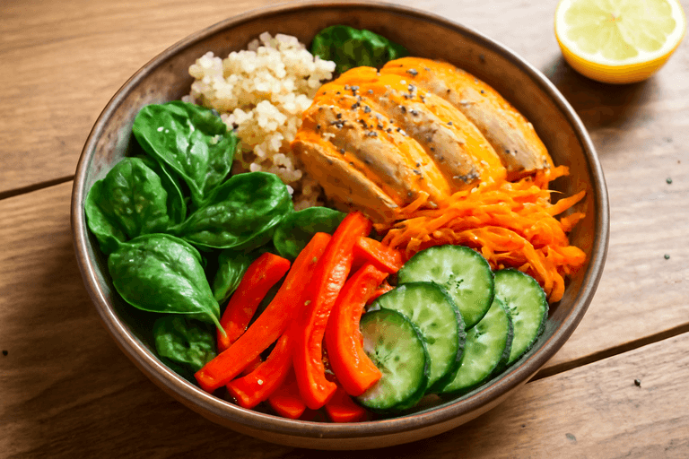 Ensalada de pollo asado con quinoa y vegetales frescos