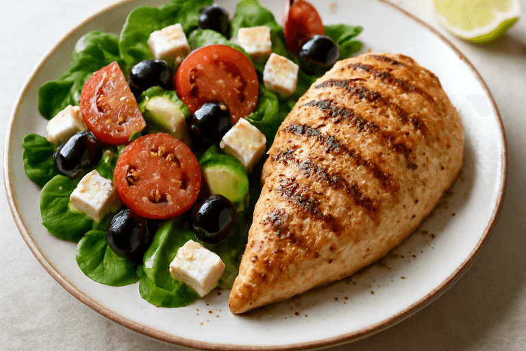 Pollo a la plancha con ensalada mediterránea