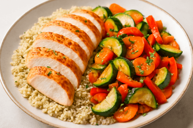 Frango Grelhado com Quinoa e Legumes Coloridos