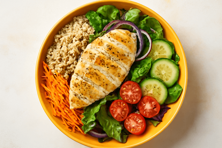 Salada Clássica de Frango Grelhado com Quinoa e Vegetais Frescos