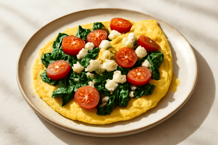Klassisk proteinrik omelett med spenat och tomat