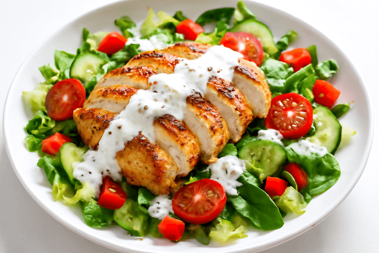 Piept de pui la grătar cu salată crocantă de legume și dressing de iaurt