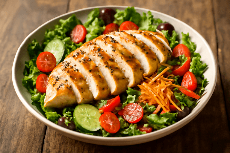 Salată proaspătă cu piept de pui la grătar și legume colorate