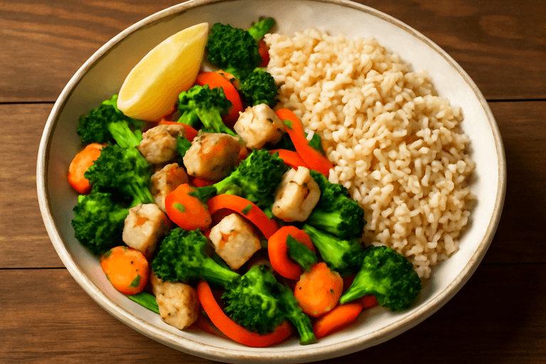 Poulet Sauté aux Légumes Croquants et Riz Complet