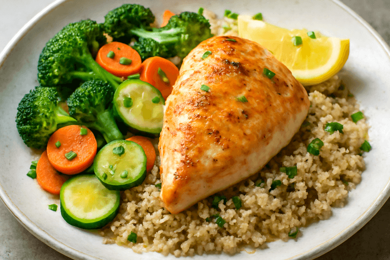 Pollo a la plancha con quinoa y vegetales salteados
