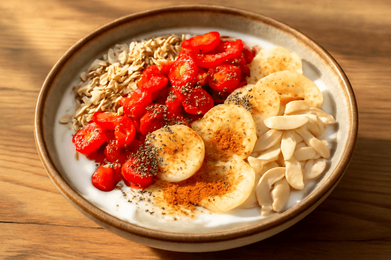 Tazón de desayuno de yogur griego con frutas frescas y semillas