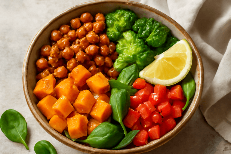 Proteinreicher Kichererbsen-Bowl mit Ofengemüse
