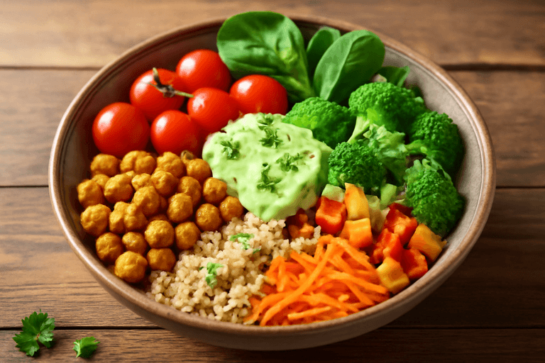 Veganer Quinoa-Gemüse-Bowl mit Avocado-Dressing