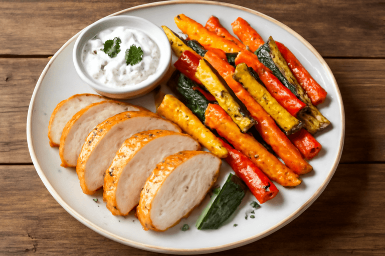 Kycklingfilé med rostade grönsaker och örtig yoghurtsås