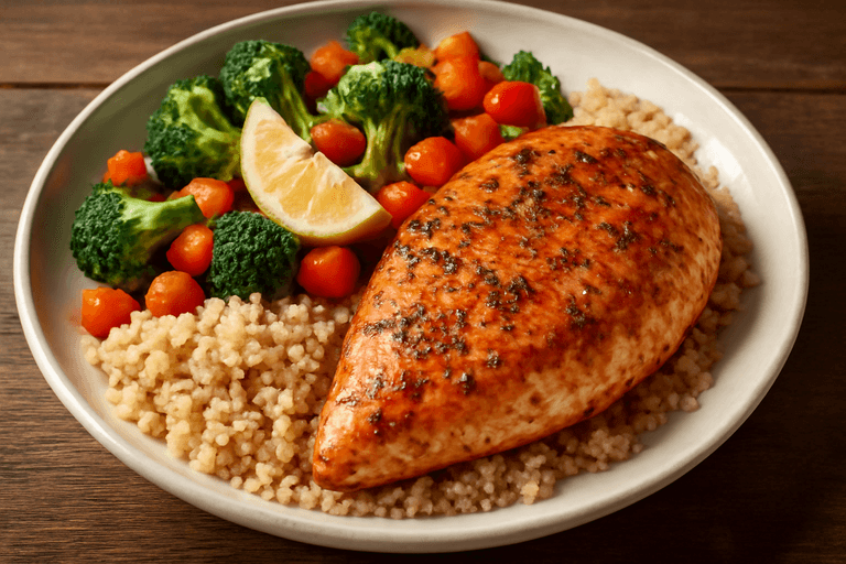 Saftig Kycklingfilé med Rostade Grönsaker och Quinoa