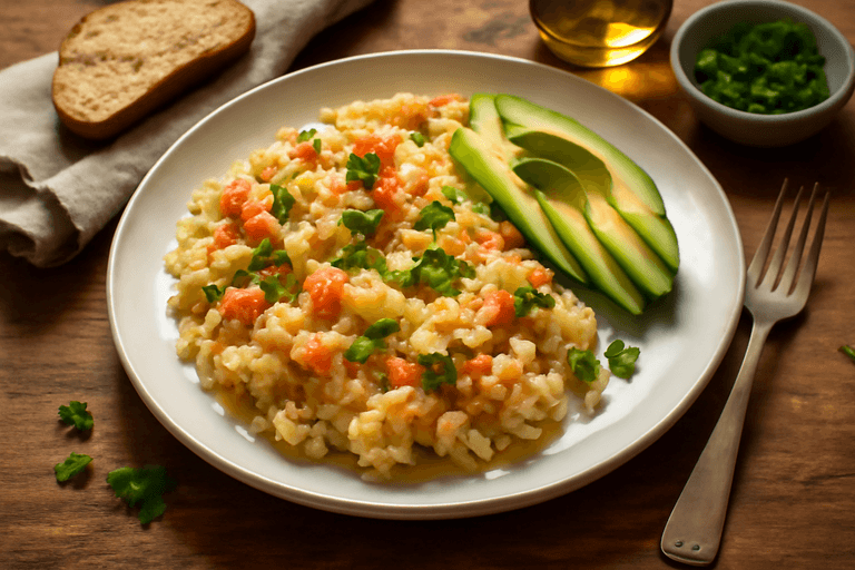 Kraftvolles Frühstücks-Rührei mit Haferflocken und Avocado