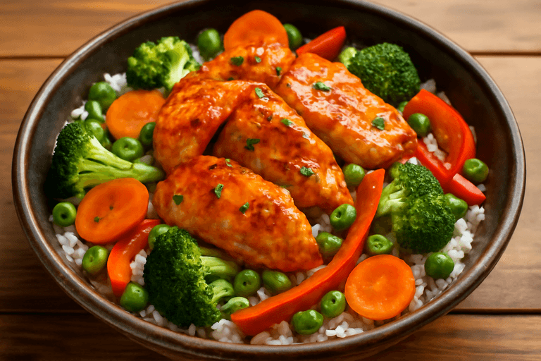 Herzhafte Hähnchen-Reis-Bowl mit Gemüse