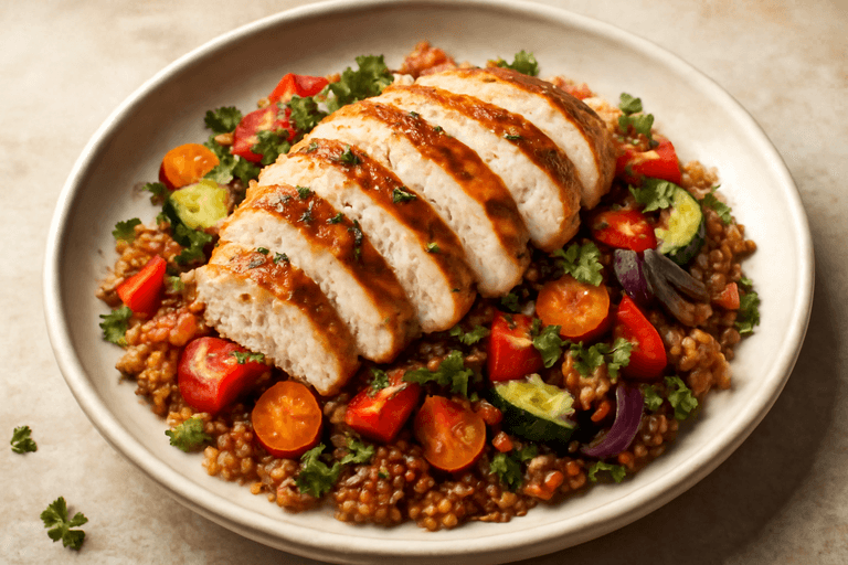 Pechuga de Pollo a la Parrilla con Ensalada de Quinoa y Vegetales Asados
