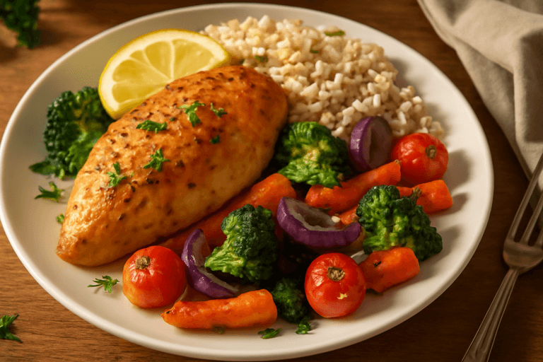 Saftig kyllingfilet med ovnsbakte grønnsaker og fullkornsris