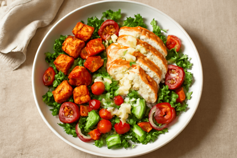 Kyllingsalat med ovnsbakte grønnsaker og sitrondressing