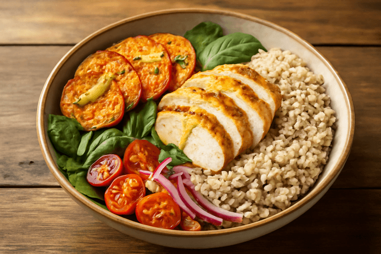 Proteinrik kyckling- och quinoa-bowl med rostad sötpotatis