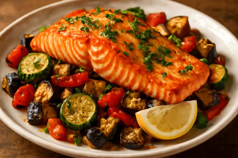 Gebakken Zalm met Mediterraanse Groenten