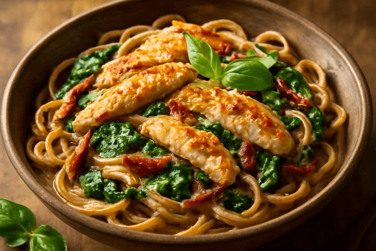Krämig kycklingpasta med spenat och soltorkade tomater