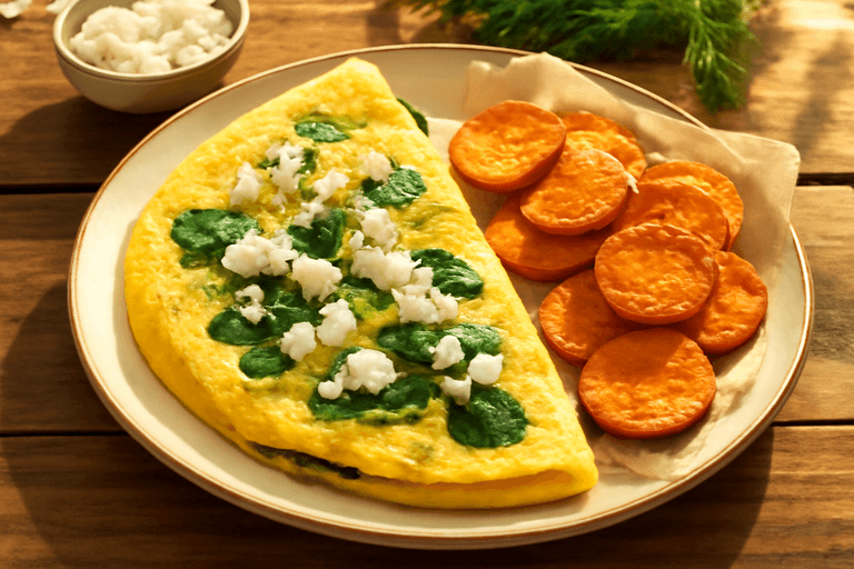 Протеинов омлет със спанак и печен сладък картоф