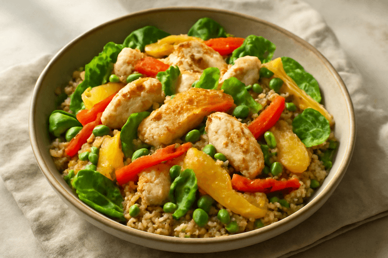 Тёплый куриный салат с киноа и апельсином