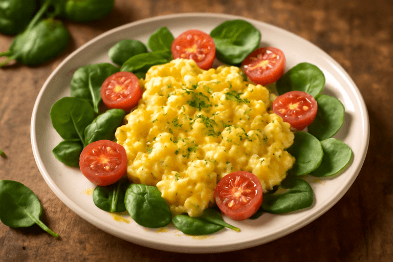 Klassisk proteinrik äggröra med spenat och tomat