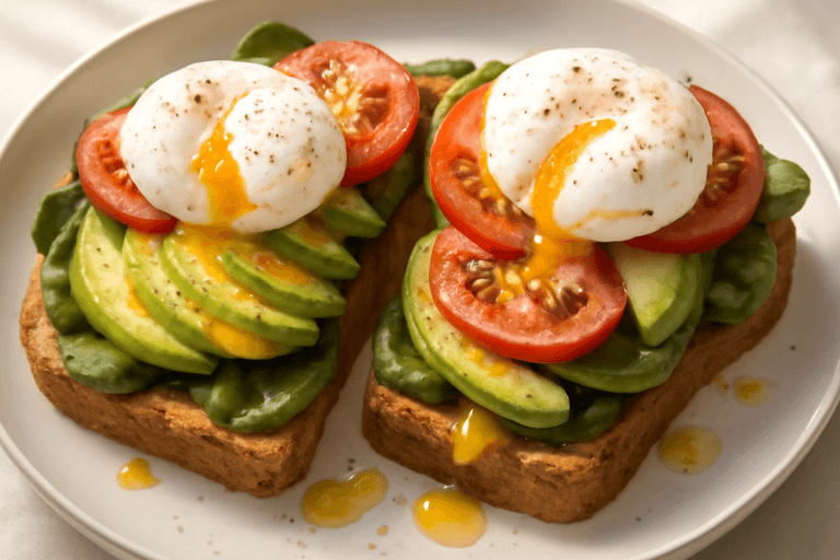 Tostadas integrales con huevo pochado, aguacate y tomate