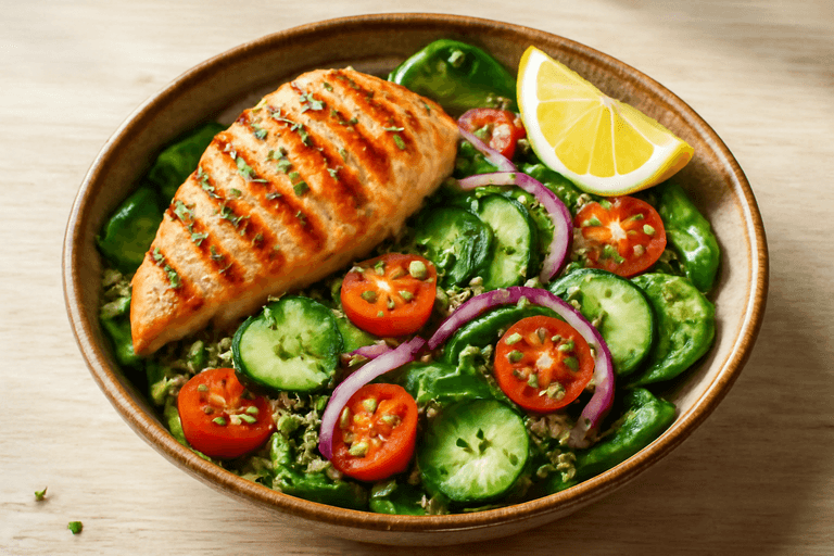 Ensalada tibia de pollo a la plancha con quinoa y vegetales frescos