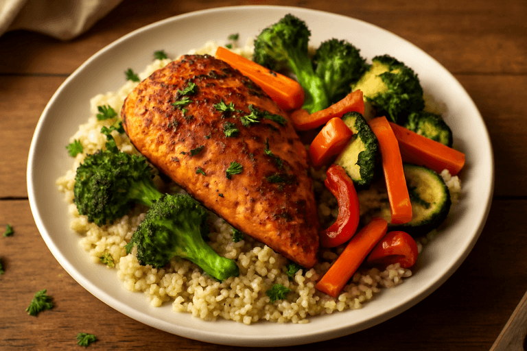 Hähnchenbrust mit geröstetem Gemüse und Quinoa