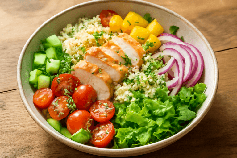 Лёгкий куриный салат с киноа и овощами