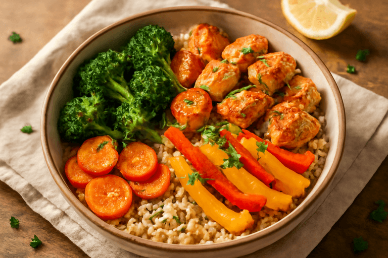 Kylling- og grønnsaksskål med brun ris