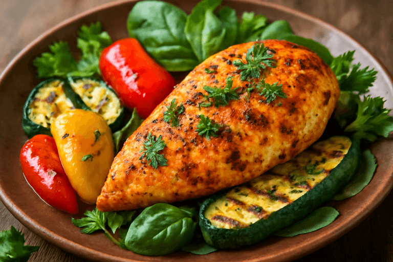 Куриное филе в йогуртовом маринаде с овощами на гриле