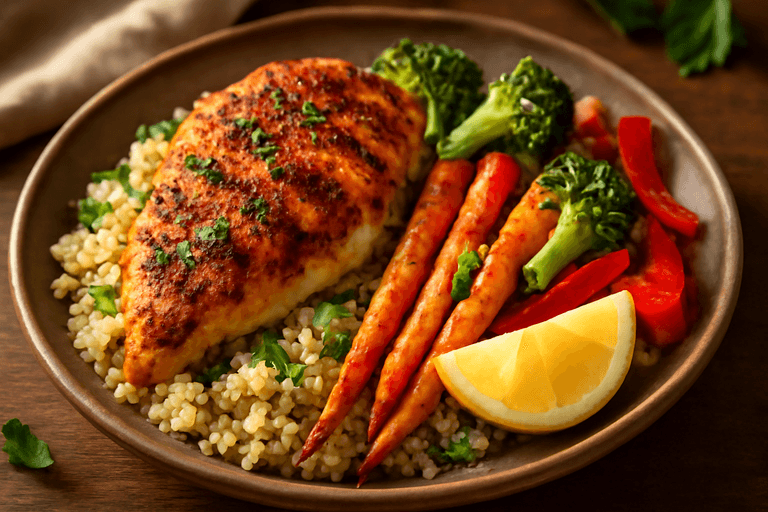Kruidige kipfilet met geroosterde groenten en quinoa