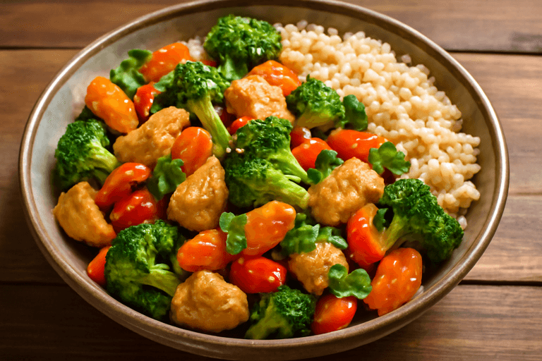 Kyckling- och grönsakswok med fullkornsris