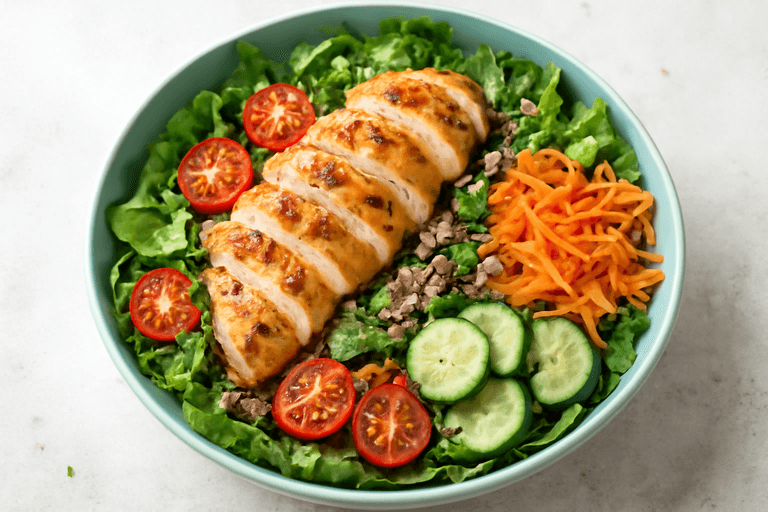 Ensalada de pollo a la parrilla con quinoa y vegetales frescos